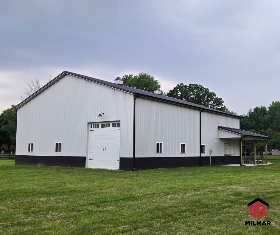 Black Ash Gray Sportsplex Post Frame Pole Barn 50x64x18 with Porch and Cupolas Indiana