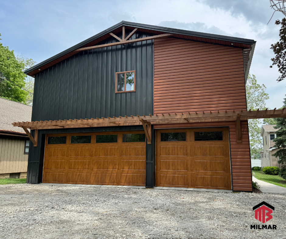 Front View Black Metal w-Cedar Siding Garage Pole Barn Post Frame Build 30x40x16 Lake County IN