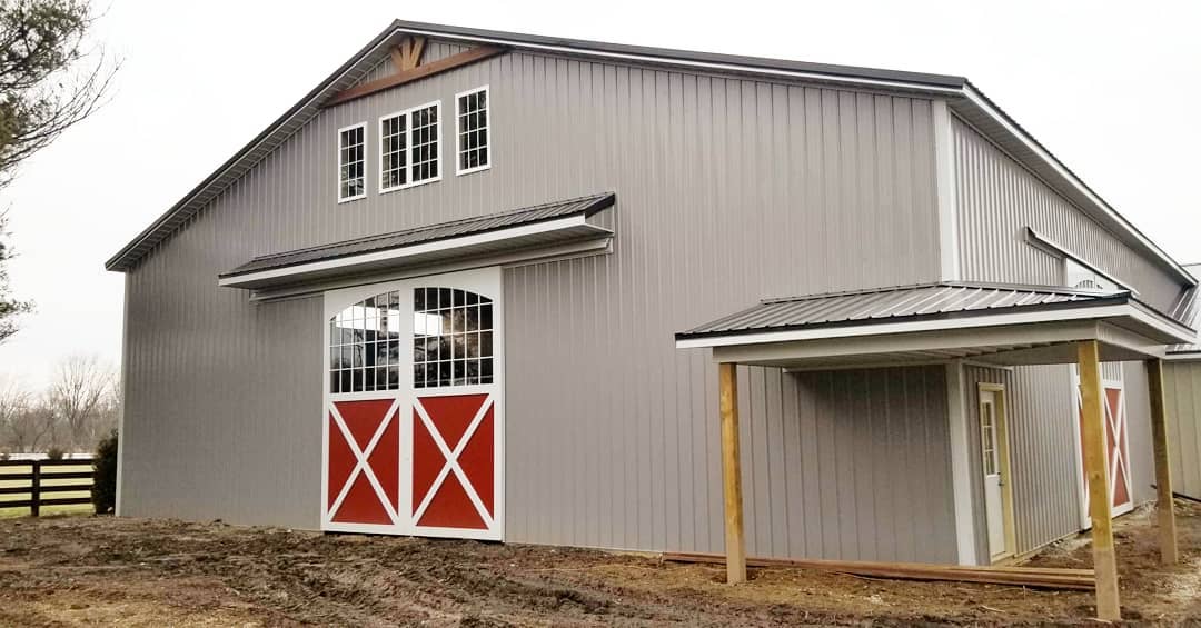 Gray Red Black Horse Barn