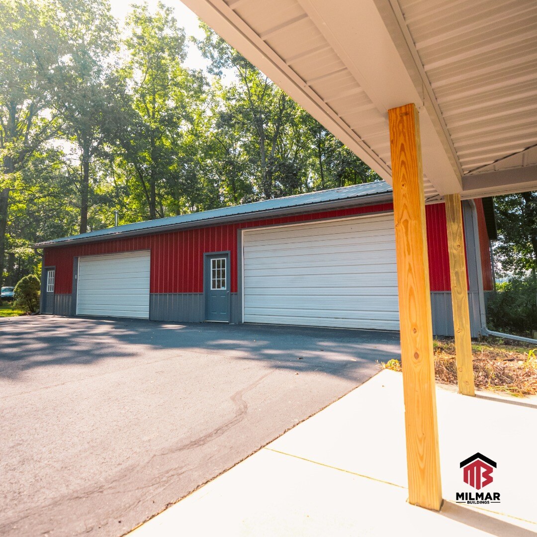 Red Gray White Pole Barn Garage