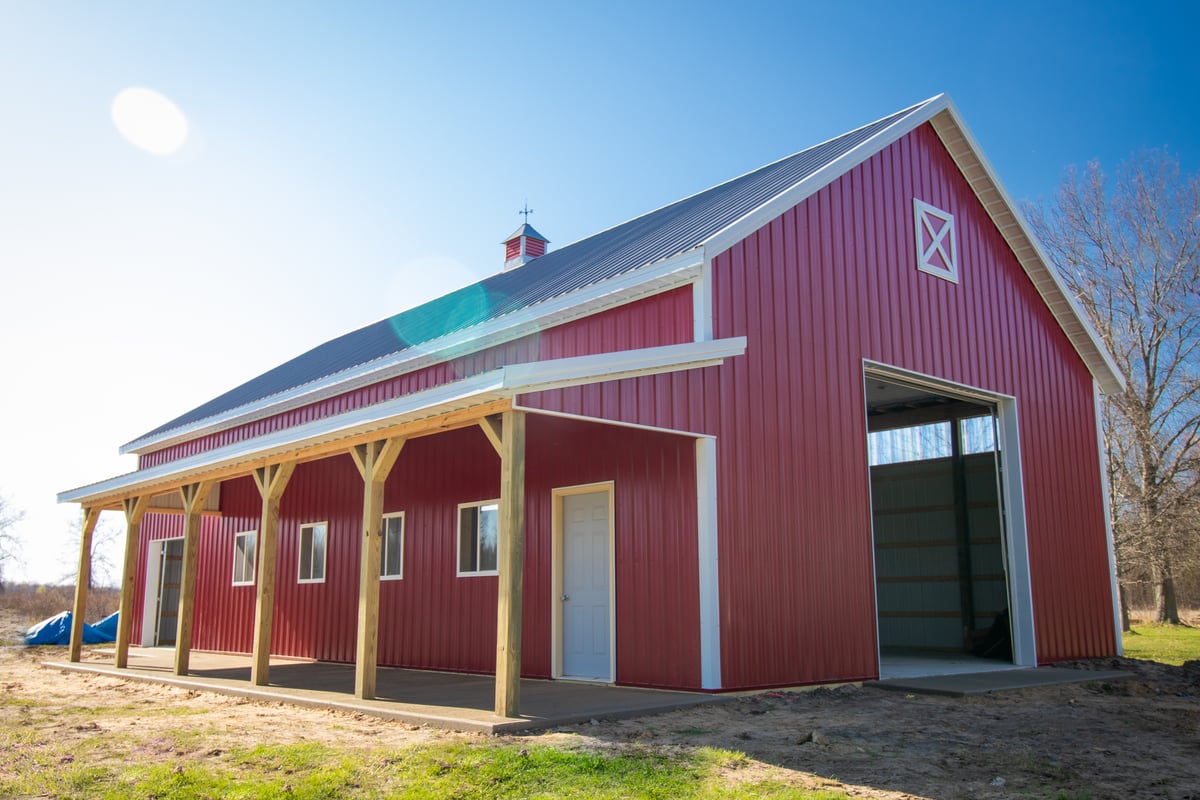 White, Rustic Red, and Charcoal Pole Barn Front Porch Garage Door Storage